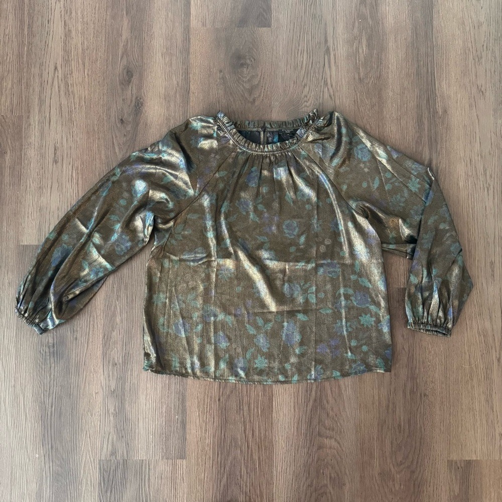 Ann Taylor Factory Petite Metallic Floral Long Sleeve Blouse Shirt Top S